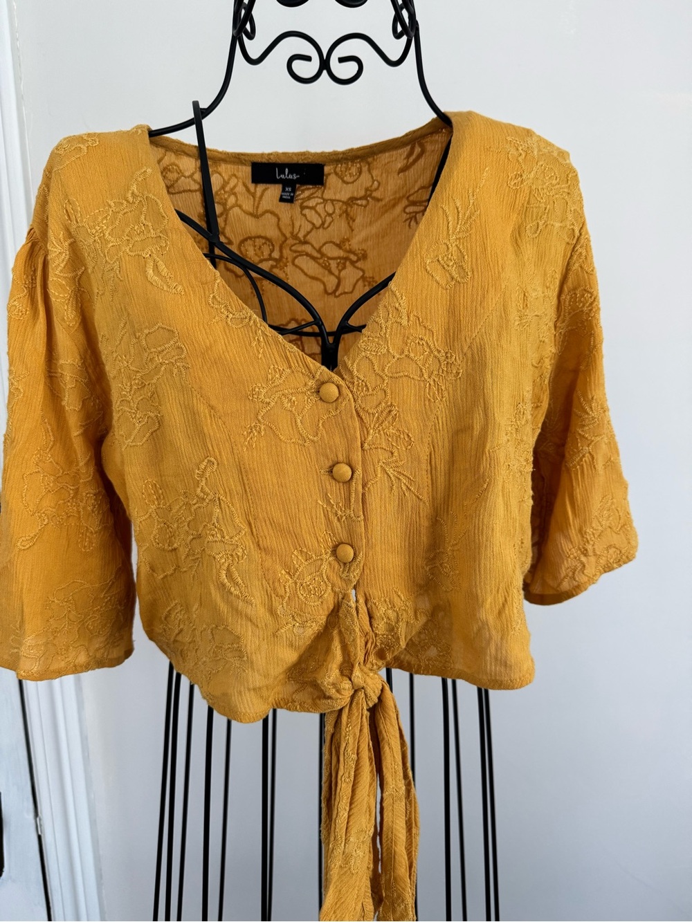 Lulu's Mustard Yellow Embroidered Tie-Front Crop Top